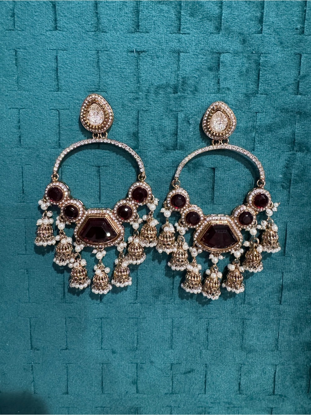 Fashion Jewelry Gold-Tone Chandbali Earrings with Deep Maroon Stones